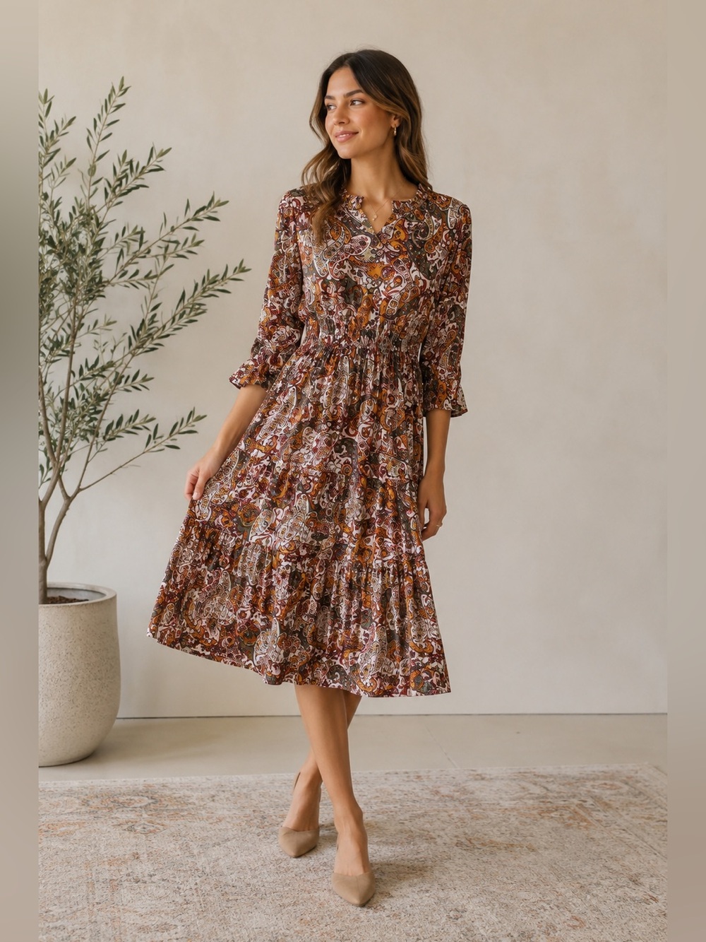Harlow & Rose Paisley Print Women's Midi Bow Sleeve Fall Western Modest Dress